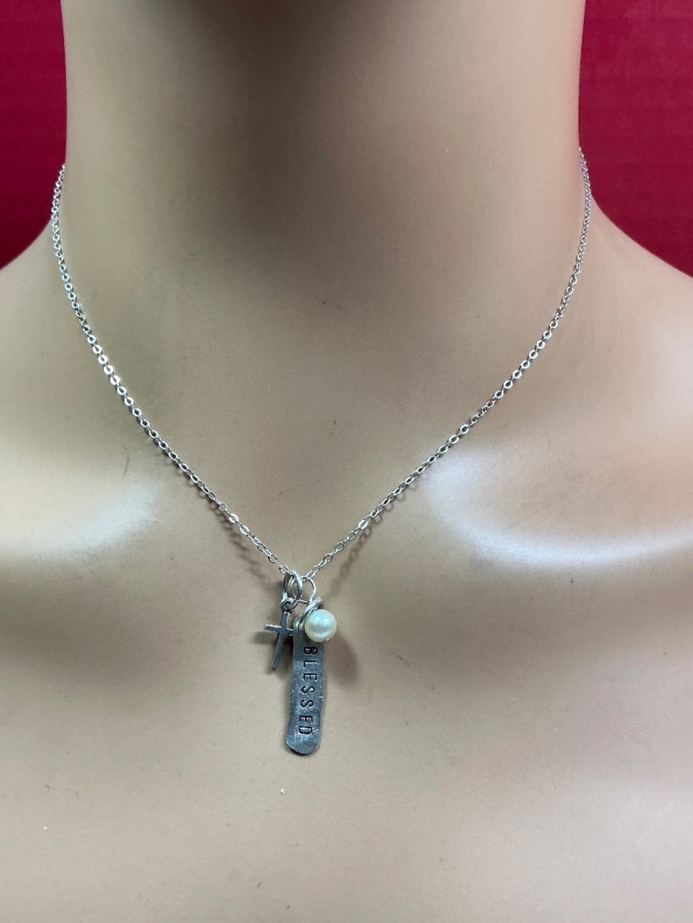 Sterling Silver Blessed Bar & Cross Charm with single Pearl Necklace. 17” long